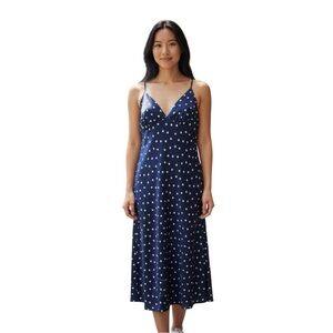 Oak & Trellis Blue White Dot Satin Nautical Preppy Maxi Dress sz L NWT